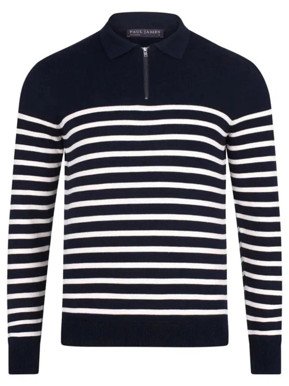 Paul James Navy Breton Stripe Collared Zip Polo Sweater
